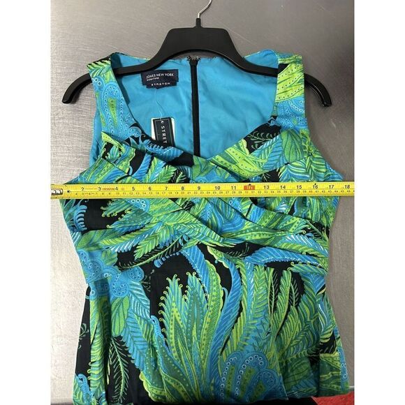 Jones New York Signature Womens Dress Sz 8 Blue Green Stretch Leaf Print Ruffle - Picture 2 of 7